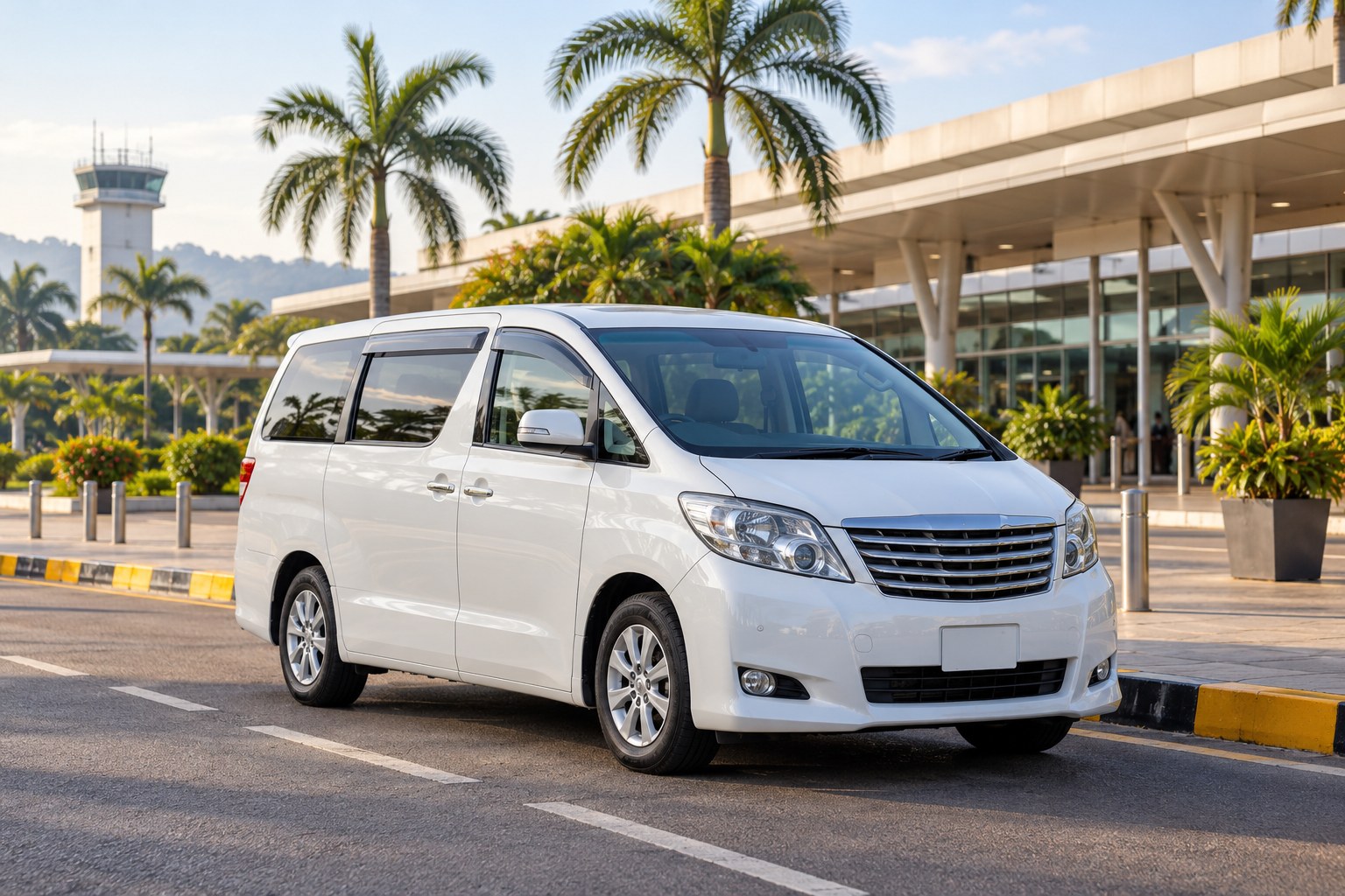 Illustrative airport taxi minivan at an airport pickup area in Uganda